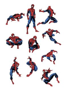 spider - man action figures are shown in various poses, including the arms and legs