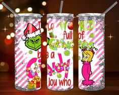 the grinch christmas tumblers are decorated with glitter