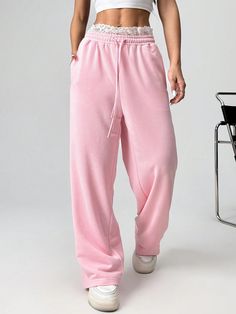 Rosa  Collar  Tela tejida Liso,Plantas Pierna recta Embellished Estiramiento medio Casual Summer Pants, Drawstring Waist Pants, Target Clothes, Pants Summer, Dark Jeans, Elegant Dresses Long, Pink Pants, Deep Pink, Black Party