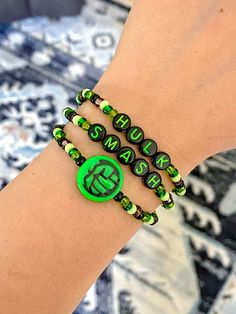 Green Themed Beaded Bracelets As Gifts, Themed Green Beaded Bracelets For Gifts, Themed Green Beaded Bracelets As Gift, Green Themed Beaded Bracelets, Adjustable Green Bracelets With Letter Beads, Bracelets Layering, Hulk Smash, Layered Jewelry, Letter Beads