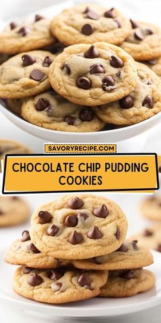 chocolate chip pudding cookies stacked on top of each other in a white bowl with the title above it