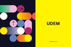 two different colored circles with the words udem on them and an arrow pointing up