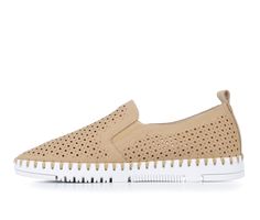 Breathable perforated synthetic upper, Easy slip-on entry with elastic panels, Closed round toe, Approx. 1 1/4 inch lift height, Cushioned unlined insole, Flexible rubber midsole with stitching details and durable outsole, Patrizia® branding details | Women's Patrizia Surfie Slip-On Shoes in Tan Size 6 Womens Boat Shoes, Shoe Carnival, Boat Shoes, On Shoes, Slip On Shoes, Slip On, Women Shoes