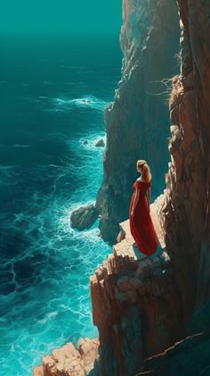 a painting of a woman standing on a cliff overlooking the ocean