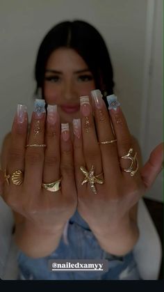 Nail Salon Design Nails, Nail Inspo For Mexico, Jhene Aiko Concert Nails, Dreamy Nail Designs, Nails Inspiration With Charms, Medium Set Nails, Medium Y2k Nails, Nail Design With Charms, Nail Ideas Swirl