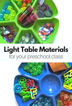 a tray filled with lots of different colored beads and plastic letters next to the words light table materials for your preschool class