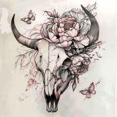 a bull's skull with flowers and butterflies on its head is featured in this tattoo design