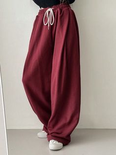 Women's Loose Elastic Waistband Street Style Sweatpants With Tie Burgundy    Knitted Fabric Plain Wide Leg Slight Stretch All Women Clothing, size features are:Bust: ,Length: ,Sleeve Length: Styling Wide Leg Pants, Drop Shoulder Shirt, Athletic Sweatpants, Baggy Sweatpants, Style Sweatpants, Printed Sleeveless Top, Casual Street Style, Kids Beachwear, Sport Pants