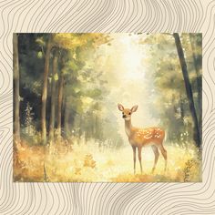 a painting of a deer standing in the middle of a forest with trees and grass