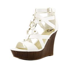 a women's white wedged sandal with an open toe and two straps