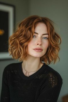 a woman with red hair and blue eyes is looking at the camera while wearing a black sweater