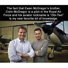 two men standing in front of an airplane with the caption'the fact that evan mcgrer's brother, colin mc