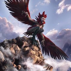 an animated bird is standing on top of a mountain with its wings spread wide open