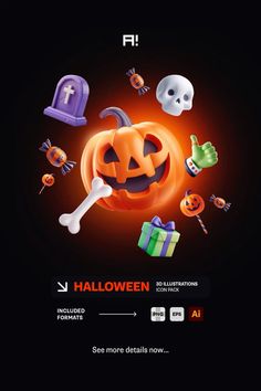 an ad for halloween is shown in the dark with pumpkins and bones on it