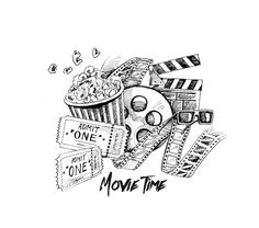 a drawing of a movie clapper, popcorn and tickets with the words move time