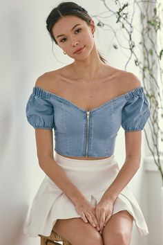 off the shoulder denim zip up crop top-Tops-Short Sleeve-Blue Blush-Light Wash-IBT06262-RK Collections Boutique Zip Up Crop Top, Sassy Shortcake, Plus Size Crop Tops, Yellow Floral Top, Beautiful Neck, Satin Crop Top, Estilo Hippie, Denim Crop Top