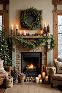 a living room filled with furniture and a fire place covered in christmas decorations next to a fireplace