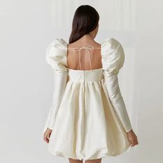 Long Ice Silk Solid Color Square Collar Court Puff Sleeve Dress - Dresses - Uniqistic.com White Dress Fall, Element Dress, Puff Sleeves Dress, Tulle Mini Dress, Princess Skirt, Short Prom Dress, Backless Mini Dress, Mini Dresses For Women, Satin Mini Dress