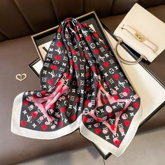 1:1 Replica Accessories   This product is of the best quality.  The production time is 3-5 working days.  Includes box, dust bag, care manual, booklet, card, bill of sale. Square Letters, Bill Of Sale, Silk Square Scarf, Square Silk Scarf, Women Shawl, Square Scarf, Office Ladies, Neck Collar, Heart Print