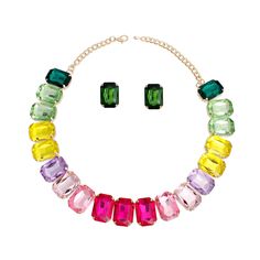 Women's Crystal Collar Choker Necklace Set Gold Metal with Multi Color Emerald Cut Shaped Crystals Set in Ombre Color Design Jeweled Choker Statement Necklace. Formal Prom Wedding Set. Collar measures 1" wide. Gold Metal Lobster Clasp Closure. Includes Matching Emerald Post Stud Earrings. Jeweled Choker, Necklace Formal, Jewel Choker, Necklace Set Gold, Shaped Crystals, Collar Choker, Fashion Bottoms, Statement Choker Necklace, Choker Necklace Set