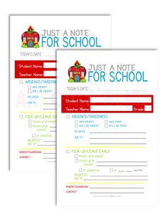 two school forms with the words just a note for school