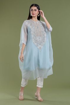 Cool blue kaftan kurta with bead, dabka, thread, zardozi, sequin embroidery in floral pattern on yoke. Paired with inner and pant. - Aza Fashions Blue Organza Kurta With Dabka Details, Blue Organza Kurta With Dabka Embroidery, Intricate Embroidered Georgette Kaftan For Eid, Intricate Embroidery Georgette Kaftan For Eid, Eid Dabka Embroidered Georgette Kaftan, Eid Dabka Embellished Georgette Kaftan, Eid Kaftan With Intricate Embroidery, Embellished Straight Kurta Kaftan For Eid, Eid Embellished Straight Kurta Kaftan