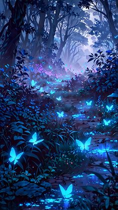 a forest with lots of blue butterflies flying over it