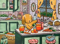 a painting of a kitchen scene with a teddy bear in the middle of the counter