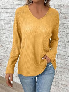 Style:Casual \nSleeve Type:Drop Shoulder \nColor:Yellow \nPattern Type:Plain \nNeckline:V neck \nSleeve Length:Long Sleeve \nLength:Regular \nFit Type:Loose \nFabric:Medium Stretch \nMaterial:Knitted Fabric \nComposition:95% Polyester \nComposition:5% Elastane \nCare Instructions:Hand wash,do not dry clean \nSheer:No \n Summer Tops With Sleeves, Tops With Sleeves, Drop Shoulder Tee, Spring Shirts, Knit Tees, Women Clothes, Casual T Shirt, Waffle Knit, Summer Tops