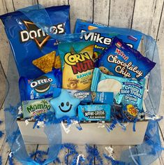 a gift basket filled with snacks and candy