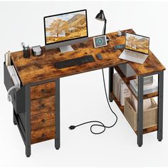 the computer desk is made out of wood and metal