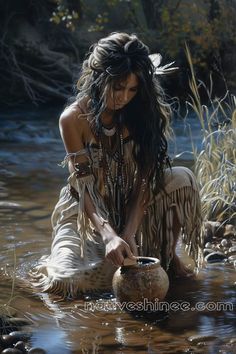 a painting of a woman sitting in the water with a pot on her feet and wearing native clothing