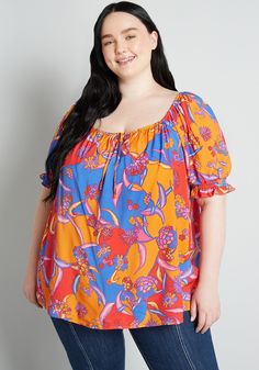 Outstanding shades of rich creamy orange, flashing red, blue, pink, and purple are swirled together in a Balinese-inspired print of floral decadence throughout this flowy and fabulous peasant blouse from our ModCloth namesake label. Made from a lightweight and wonderfully drapey woven viscose-blend challis that is a house favorite for warm-weather fashion due to it’s comfort and breathability, this vintage-inspired top boasts a wide scoop neckline with gathered detailing throughout and a sweet t Vintage Style Swimwear, Casual Dresses Plus Size, Midi Dress Plus Size, Tunic Hoodie, Vintage Swimwear, Plus Size Outerwear, Casual Rompers, Midi Dress Casual, Plus Size Sweaters