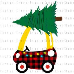 a car with a christmas tree on the roof is shown in red, black and white