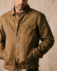 Flint and Tinder Flannel-Lined Waxed Trucker Jacket - Field Tan | Waxed Jackets | Huckberry Classic Long Sleeve Utility Jacket With Waxed Finish, Rugged Fall Outerwear With Patch Pockets, Rugged Button-up Outerwear With Patch Pockets, Waxed Finish Long Sleeve Utility Jacket For Outdoor, Rugged Outerwear With Patch Pockets For Fall, Rugged Khaki Outerwear For Fall, Fall Workwear Outerwear With Waxed Finish, Rugged Cotton Outerwear With Flap Pockets, Rugged Cotton Button-up Outerwear