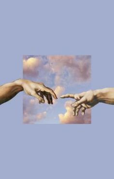 two hands reaching out towards each other in front of a blue sky with white clouds