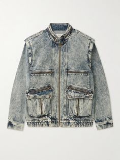 EXCLUSIVE AT MR PORTER. Hedi Slimane fuses motocross and rave culture for CELINE HOMME's SS22 collection. This jacket is cut from weighty acid-washed denim and has a DIY-style embellishment at back. Detach the sleeves to mix up the styling. Celine Denim, Celine Street Style, Blue Convertible, Designer Denim Jacket, Grey Denim Jacket, Denim Street Style, Holiday 2022, Denim Jacket Outfit, Denim Ideas