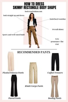 Those with a skinny rectangle body type often have a straight silhouette. To add some curves to your look, focus on styles that flatter your shape. In this guide, we'll help you recognize your unique body type and share tips on how to dress it beautifully. Rectangle Body Type, Fashion Studies, Pleated Palazzo Pants, Unconventional Fashion, Bootleg Pants, Khaki Cargo Pants