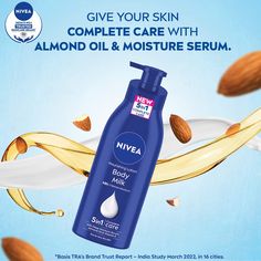 Nivea Body Milk Nourishing Lotion is essential in your skincare routine for beautifully soft skin. With a complete action that provides five benefits in one single product, this body lotion offers a true pampering moment. This rich, vitamin E-enriched body lotion transforms dry, irritated skin into soft, hydrated skin. Natural minerals, almond oil and Vitamin E work in harmony to activate more natural moisture to the skin and prevent it from drying out. For dry to very dry skin. Nivea Nourishing Lotion Body Milk 48 Hour Intense Moisture 5-in-1 Complete Care With Deep Moisture Serum, Almond Oil, & Vitamin E Dry to Very Dry Skin 13.5oz (400ml) *We aim to show you accurate product information. Manufacturers, suppliers and others provide what you see here. Product packaging and material may co Nivea Body Lotion, Vitamin F, Premium Skincare, Hydrated Skin, Body Milk, Baby Lotion, Soft Skin, Baby Oil, Skin Care Essentials