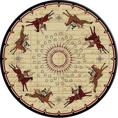 a circular rug with horses on it and writing in the middle, as well as an ornamental design