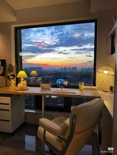 an office with a large window overlooking the city at sunset or dawn, and a chair in front of it