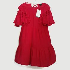 Who What Wear Bell Sleeve Silky Ruffle Dress Nwt, Size Xs. Length: 33" Pit To Pit: 18" Red Ruffle Hem Dress With Ruffle Sleeves, Red Dress With Ruffle Hem And Ruffle Sleeves, Red Dress With Ruffle Hem And Sleeves, Red Dresses With Ruffle Hem And Ruffle Sleeve, Red Flutter Sleeve Summer Dress, Red Ruffled Dress For Summer, Red Ruffle Sleeve Summer Dress, Casual Red Mini Dress With Ruffle Hem, Red Tiered Ruffle Dress For Spring