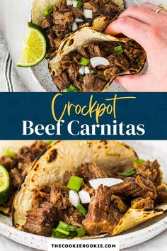 the crockpot beef carnitas is served in a tortilla