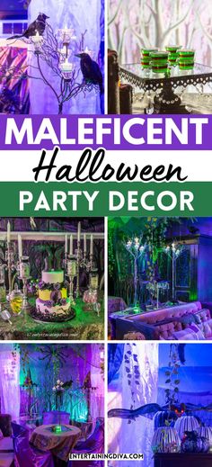 a collage of halloween party decor with purple and green lights