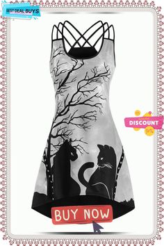 Gothic Casual Women Dress Plus Size Crisscross Tree Cat Print Grommet High Low Dress Sleeveless High Low Party Dress Robe Black Sleeveless Dresses With Crisscross Straps, Summer Black Cross-back Dress, Sleeveless Gothic Halloween Dress, Gothic Sleeveless Halloween Dress, Gothic Casual, High Low Party Dresses, Tree Cat, Dress Robes, Dress Plus Size