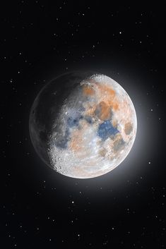 an artist's rendering of the moon in space with stars around it and dark background