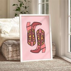 COWGIRL BOOTS PRINT  (cowgirl print, brown, retro, funky, western wall art) COLOURS: Pink and dark red boots with a pink background PAPER: 240gsm high quality bright white paper with a smooth lustre finish SIZES: See the drop-down box above for all sizes - let us know if there is a size you would like that is not listed and we will see what we can do to help.  RETURNS: Unfortunately, since we drop ship our prints, we are not able to accept returns. If you have any issues with your order please c Apartment Decor Pink, Dark Red Boots, Cowgirl Boots Print, Wall Poster Vintage, Cute Apartment Decor, Boots Print, Cowgirl Print, Pink Prints, Cute Apartment