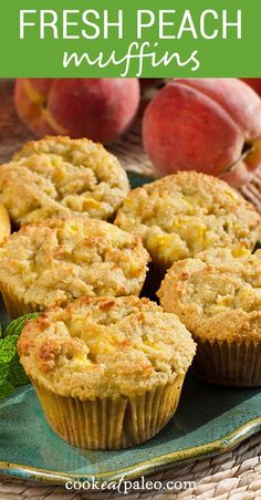 fresh peach muffins on a green plate