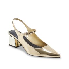 Marc Fisher-Luminos Pump Add a trendy touch to your look with the Luminos pump from Marc Fisher. This pair features a glossy exterior, a sleek pointed toe, and both a slingback and Mary Jane strap. Gold Pumps, Marc Fisher, Mary Janes, Sleek, Pumps, Exterior, Gold, Quick Saves