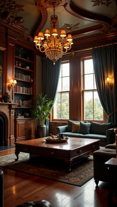 a living room filled with furniture and a chandelier above a fire place in front of a window